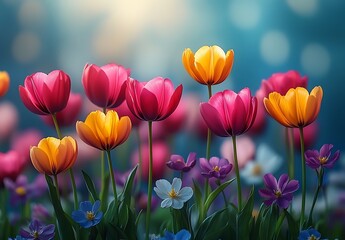 Obraz premium Title: Colorful Tulips in Pink, Orange, and Purple Blooming Amidst Green Grass