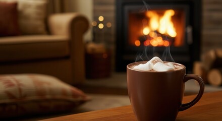 Hot Chocolate Mug with Marshmallows Near Fireplace at Home Relaxing