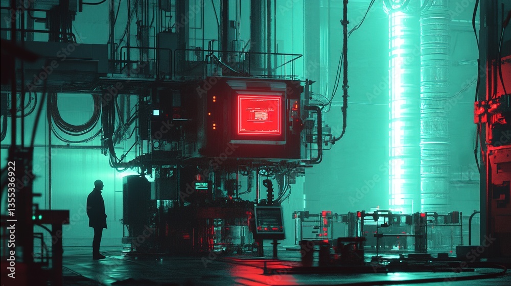 Poster an advanced quantum ai system optimizing factory production lines.