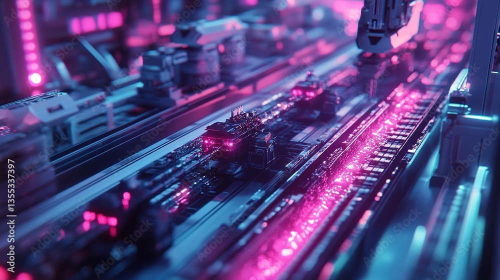 Poster an advanced quantum ai system optimizing factory production lines.