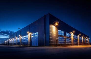 Night Photo of Modern Warehouse Exterior with Road, Streetlights, and White Lighting