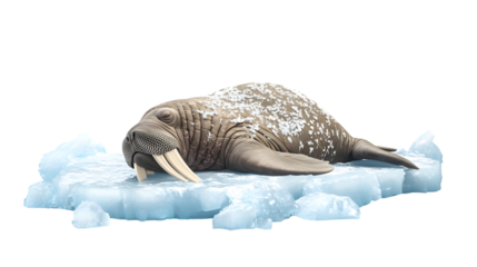 A large marine mammal resting on an ice floe showcasing its tusks and rugged skin in a cold en
