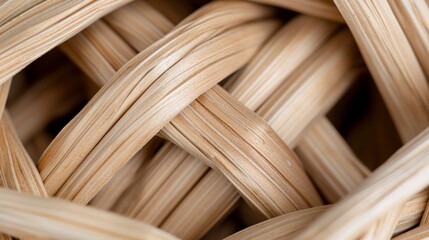 Close-up of interwoven natural woven basket texture with light brown strands