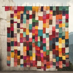 Colorful patchwork curtain suspended outdoors artistic display.