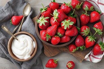 Fresh strawberries with cream in wooden bowl on rustic tablecloth