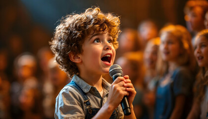 Fototapeta premium Child singing, passionate performance, curly hair, microphone, stage lighting, emotional expression