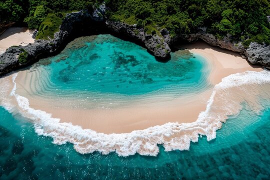 Tranquil aerial view of secluded tropical beach with clear waters and lush greenery