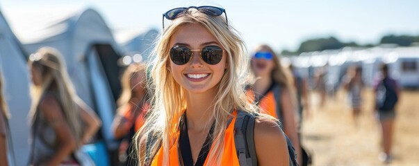 Smiling event staff with orange vest at outdoor festival campsite