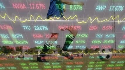 Stock market data animation over soccer players running on field - Powered by Adobe