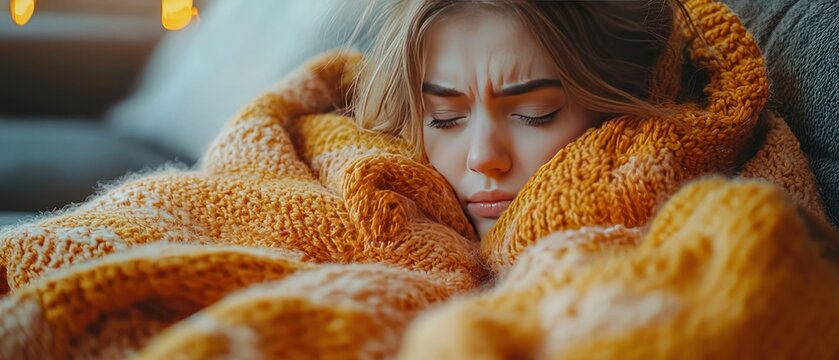 A young woman snuggles under a cozy, textured, mustard-yellow blanket, her face conveying discomfort or sadness. The soft lighting and warm colors create a feeling of intimacy and vulnerability