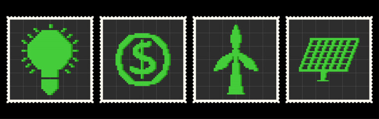 Obraz premium Set of eco-friendly postage stamps with green wild tuebine, solar panel, light bulb, coin. Environmental pixel art elements. ESG collection