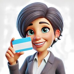 Businesswoman Holding ID Card or Badge - 3D cartoon of a cheerful businesswoman with an ID badge, symbolizing professional identity, workplace credentials, and corporate representation. copy space