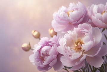 Soft pink peonies in full bloom with delicate petals and golden centers on a pastel background. Perfect for floral, romantic, wedding, or spring-themed designs