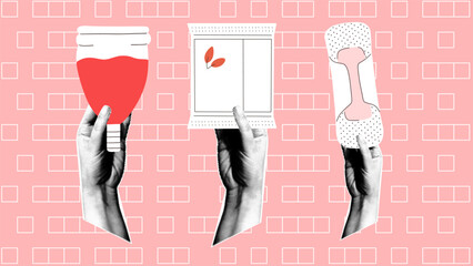 Menstruation concept collage. Hands holding menstrual cup, sanitary pad and tampon package. Feminine hygiene products for menstrual period