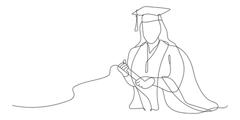 Continuous line drawing of students graduating and celebrating graduation. Hand drawn single line illustration