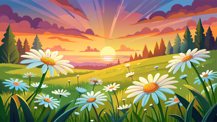 Fototapeta premium Beautiful The landscape of white daisy blooms in a field, with the focus on the setting sun. The grassy meadow is blurred, creating a warm golden hour effect during sunset and sunrise 