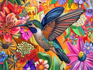 Obraz premium Hummingbird soars amidst a vibrant floral explosion