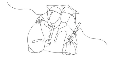 Continuous line drawing of students graduating and celebrating graduation. Hand drawn single line illustration