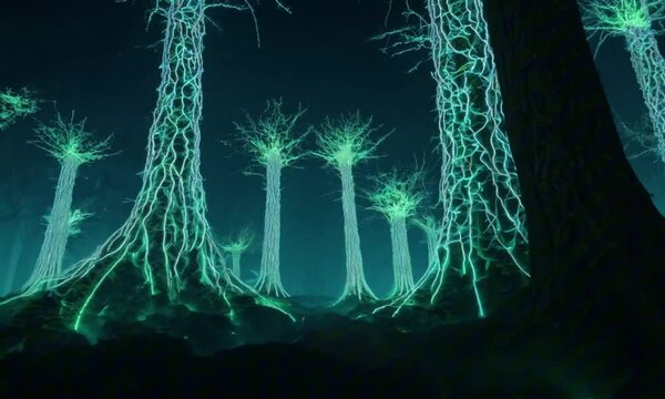 A dense jungle of bio-luminescent trees pulses with electric light, their glowing roots transmitting signals across the forest floor. Biopunk futuristic aesthetic