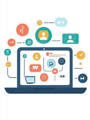 Modern digital communication system on laptop.  Connections and interactions visualized