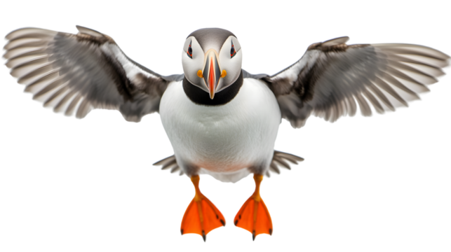 A seabird with vibrant orange feet and a striking beak wings spread wide against a transparent