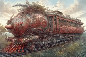 fantastic fabulous locomotive, steam from a pipe, steampunk., watercolor style, Generative AI