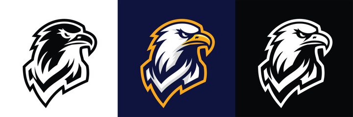 Obraz premium A strong and detailed eagle head logo in three color variations: black & white, navy & gold, and black background. Perfect for sports teams, branding, and mascots