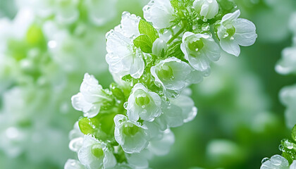 White flowers, raindrops, green bokeh background, close-up