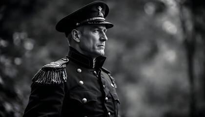 Military officer portrait, vintage uniform, cap with insignia, epaulettes, medals, stoic expression