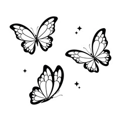A black-and-white vector illustration of three elegant butterflies with delicate wings and decorative elements. Perfect for tattoos, logos, prints, and minimalist designs.