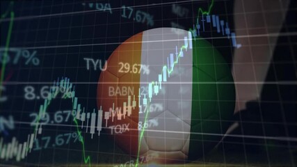 Stock market graphs and data with soccer ball in Irish flag colors animation - Powered by Adobe