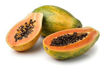 Fresh papaya fruit whole and halved isolated on white background