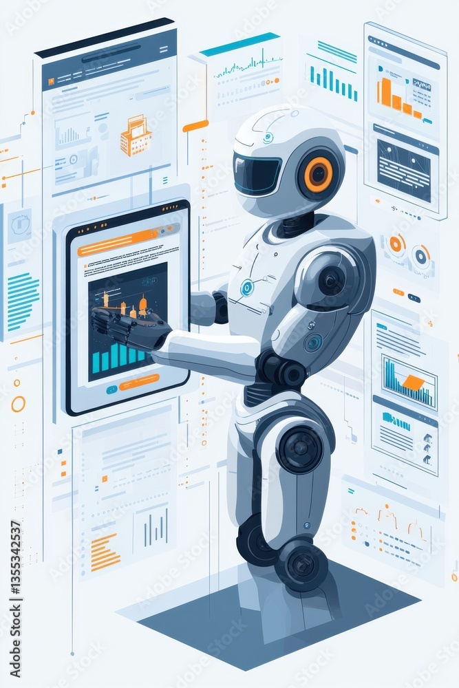 Poster advanced robot working in a futuristic digital environment with analytics displayed
