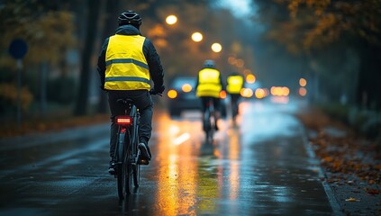 People in Yellow Reflective Vests Riding Bicycles at Night with Blurred City Lights