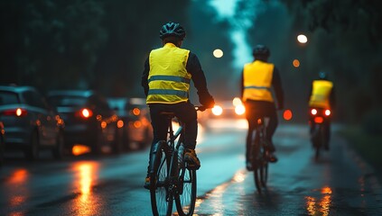 People in Yellow Reflective Vests Riding Bicycles at Night with Blurred City Lights