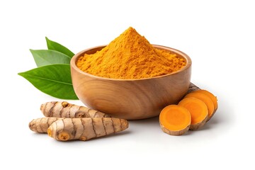 Turmeric powder and roots in wooden bowl isolated on white background