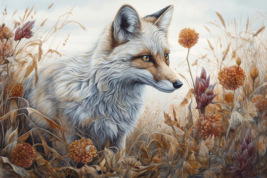 white fox among the grass in autumn., watercolor style, Generative AI