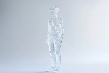 An ice sculpture of a woman standing in a simple vertical pose against a plain white background in a well-lit studio.