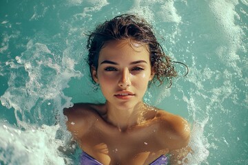 Lovely and hot happy middle eastern young woman in purple strapless bandeau enjoying turquoise sea, splashes around her. Bright Ñommercial style. Happy stress-free holiday getaway depiction.