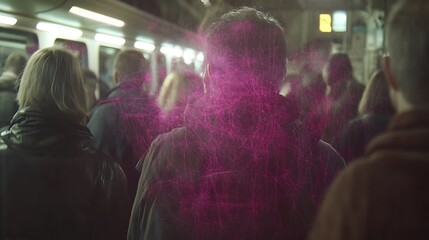 People travel on public transport with an abstract pink overlay