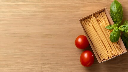 Fresh Pasta Ingredients on a Wooden Table with Basil and Tomatoes