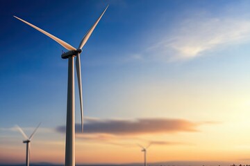 Fototapeta premium Wind turbines stand tall against vibrant sunset, showcasing rene