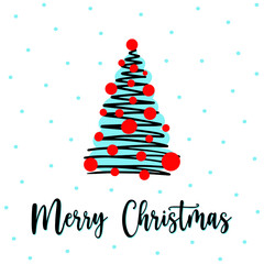 Christmas postcard with modern Christmas tree in doodle style. Hand drawn abstract tree with red balls, black zigzag garland. Concept festive winter holiday postcard for greeting or gift. Postcard