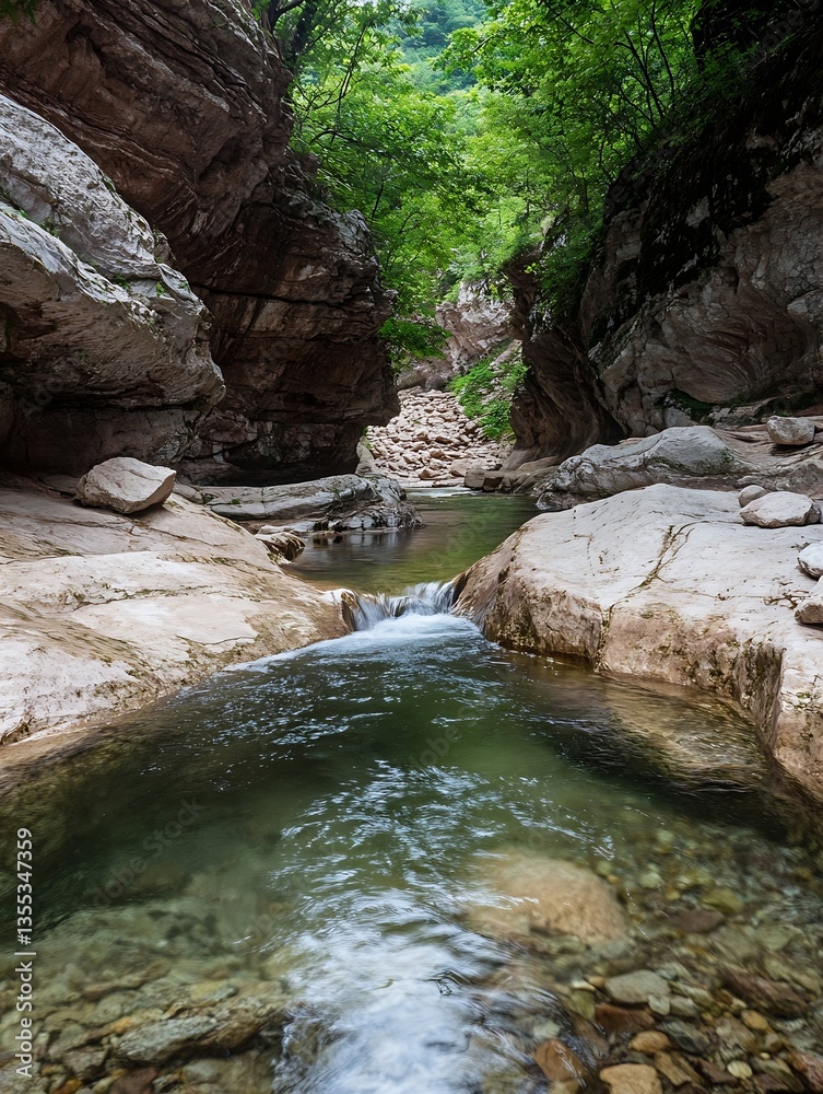 Poster breathtaking view of a narrow gorge with flowing stream surrounded by lush trees : generative ai
