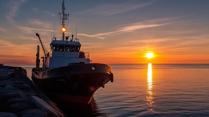 Fishing boat docked at sunset reflecting in calm waters surrounded by serene natural beauty : Generative AI