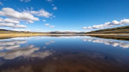 Calm lake reflecting blue skies and fluffy clouds framed by lush greenery in a picturesque landscape : Generative AI