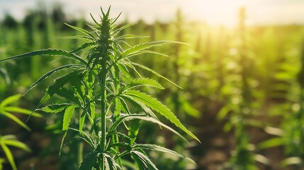 Obraz premium Vibrant green cannabis plants thriving under sunlight showcasing the beauty of cultivation and growth : Generative AI