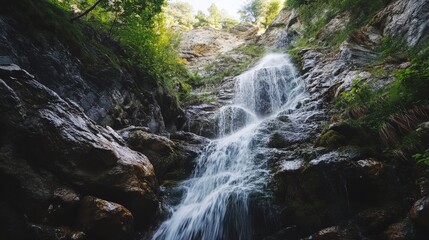 Fototapeta premium A beautiful waterfall cascades down the rocky mountain side