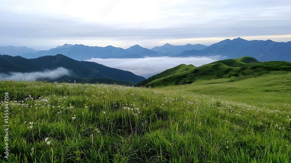 Poster breathtaking panoramic view of lush green hills and mountains covered with mist at dawn in a serene 