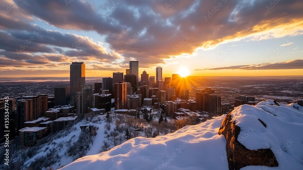 Poster stunning panoramic view of a city skyline at sunset with snow covered hills in the foreground : gene